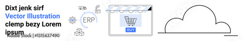 Shopping cart storefront with ERP, cloud icon, and abstract gears connecting business tools. Ideal for e-commerce, cloud integration, business automation, ERP systems, digital marketing, SaaS tools