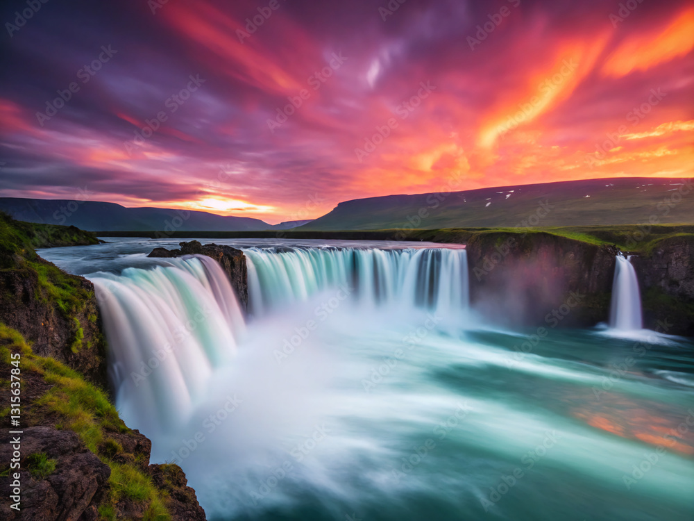 Fototapeta premium rainbow over waterfall. waterfall, water, river, nature, falls, cascade, landscape, stream, niagara, rock, forest, fall, waterfalls, godafoss, iceland, flowing, canada, travel, park, flow, rainbow, gr
