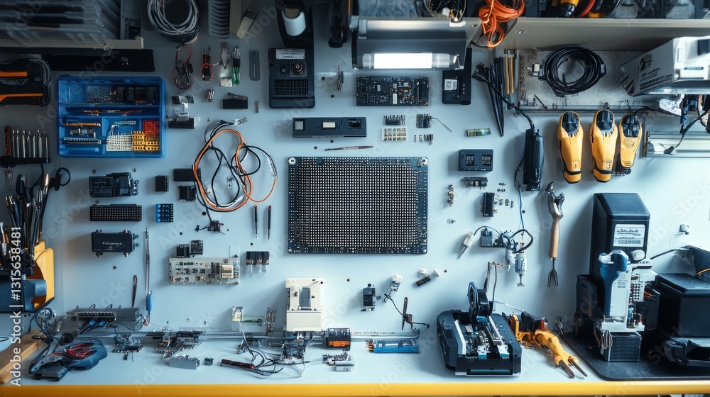Detailed view of robot construction workspace, microcontroller board with attached jumper wires, ultrasonic distance sensors, motor drivers, breadboard with electronic components, scattered precision Detailed view of robot construction workspace, microcontroller board with attached jumper wires, ultrasonic distance sensors, motor drivers, breadboard with electronic components, scattered precision