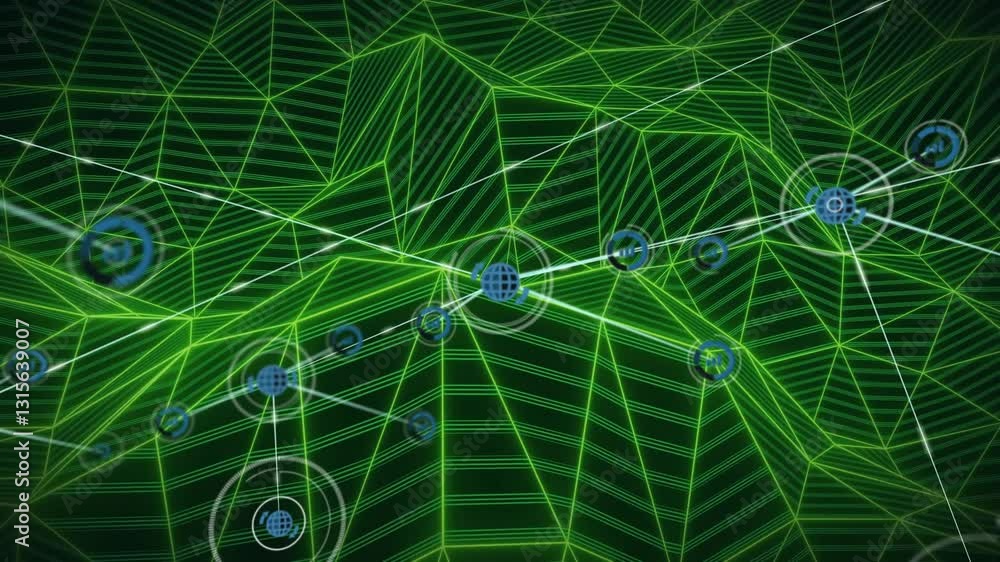 Network of connections and data processing animation over green geometric background Network of connections and data processing animation over green geometric background