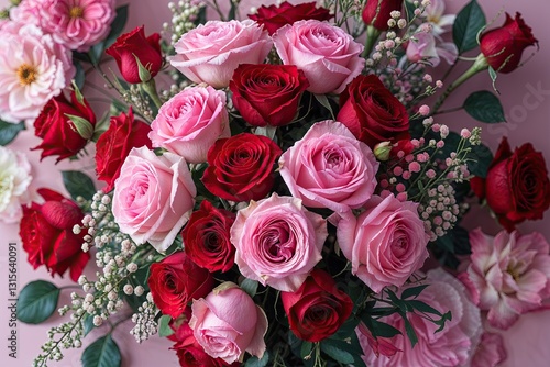 Beautiful Pink and Red Roses Bouquet Background with Dreamy Floral Details