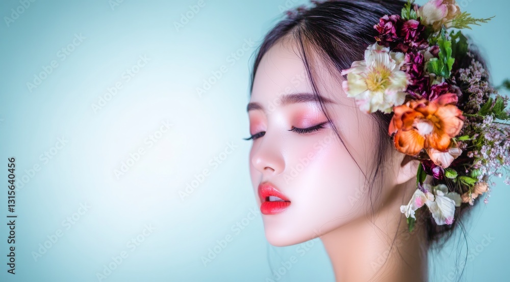 Serene Asian Woman with Flowers in Hair Beauty Portrait Makeup Spa Serene Asian Woman with Flowers in Hair Beauty Portrait Makeup Spa