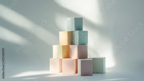 Modern architectural toy blocks in pastel palette, stacked geometric shapes creating playful buildings, natural wood texture details, premium product photography, pure white environment, soft studio
