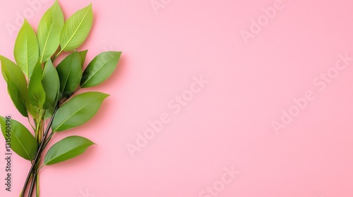 Fresh green leaves on pastel pink background. Space for text. Floral design, wellness or health