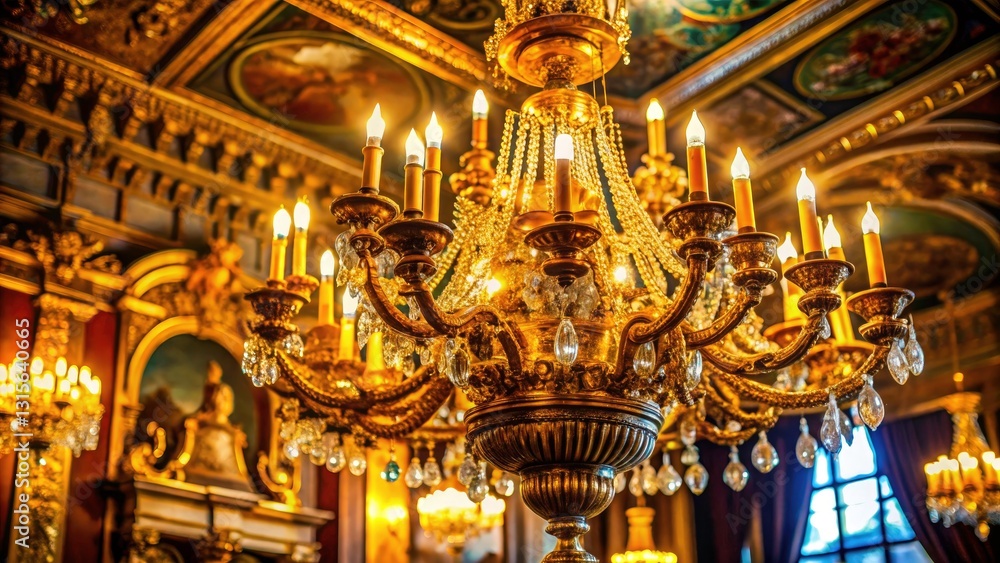 Obraz premium Vintage Palace Chandelier: Grand Room, Ornate Lighting, Antique Interior, Gilded Age Photography