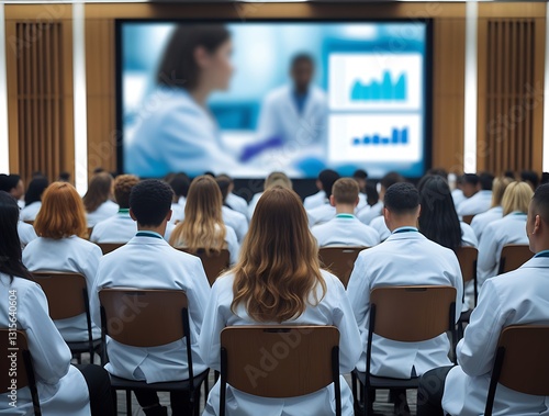 Large group of medical professionals in white lab coats attending a healthcare conference or educational seminar, focused on a presentation with charts and data on a big screen.


