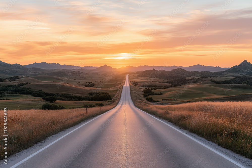 Fototapeta premium A long, empty highway stretching into the horizon, bathed in warm golden-hour light