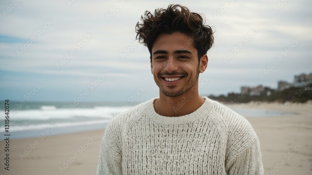Good-looking young hispanic guy in white themed sweater on a beach smiling Good-looking young hispanic guy in white themed sweater on a beach smiling