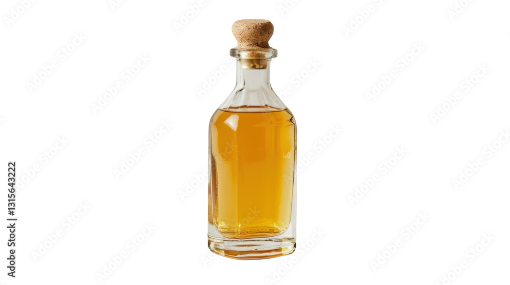 Glass bottle containing amber liquid with cork lid on transparent background Glass bottle containing amber liquid with cork lid on transparent background