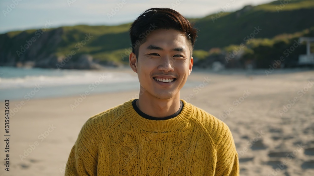 Good-looking young asian guy in yellow themed sweater on a beach smiling Good-looking young asian guy in yellow themed sweater on a beach smiling
