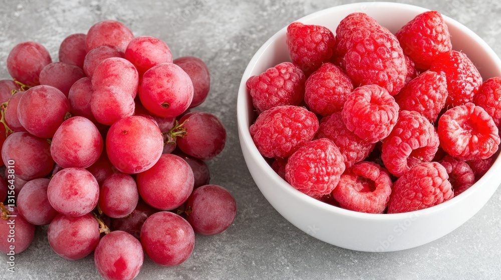 Fresh red grapes & raspberries in a bowl, on a concrete surface, used for healthy eating concepts Fresh red grapes & raspberries in a bowl, on a concrete surface, used for healthy eating concepts