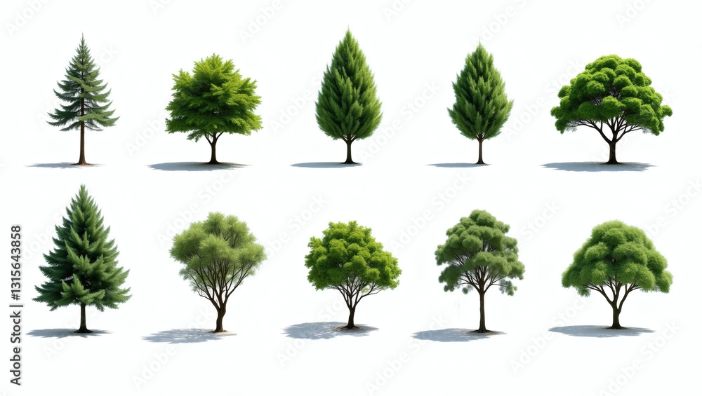 Fototapeta premium a collection of diverse trees, showcasing different shapes, sizes, and foliage against an unobtrusive background. They cast distinct shadows