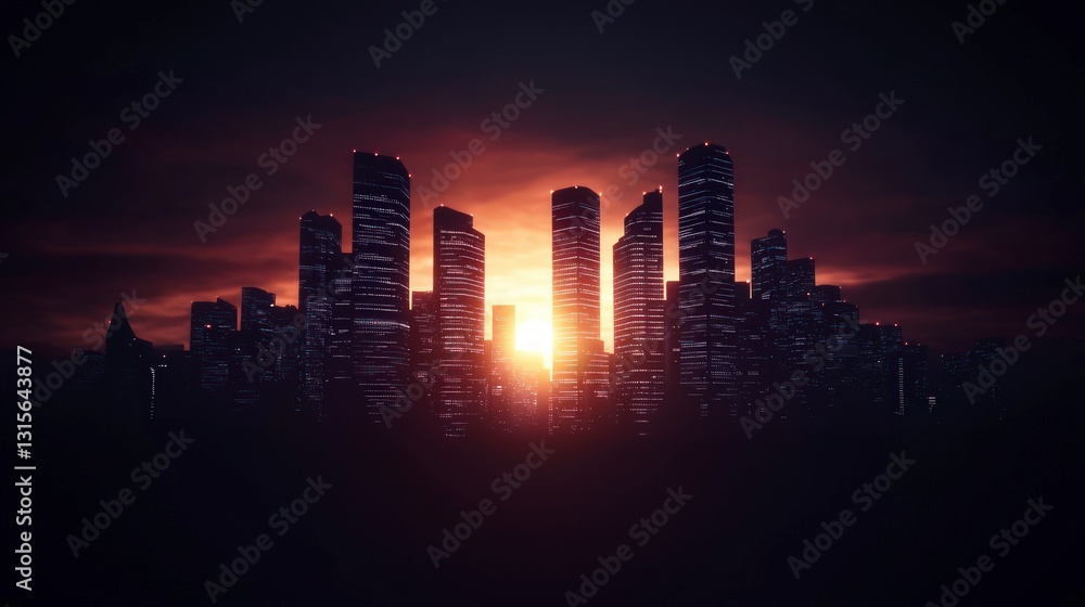 Naklejka premium Dramatic Sunset Cityscape Skyline Urban Night Towers Buildings AI Art