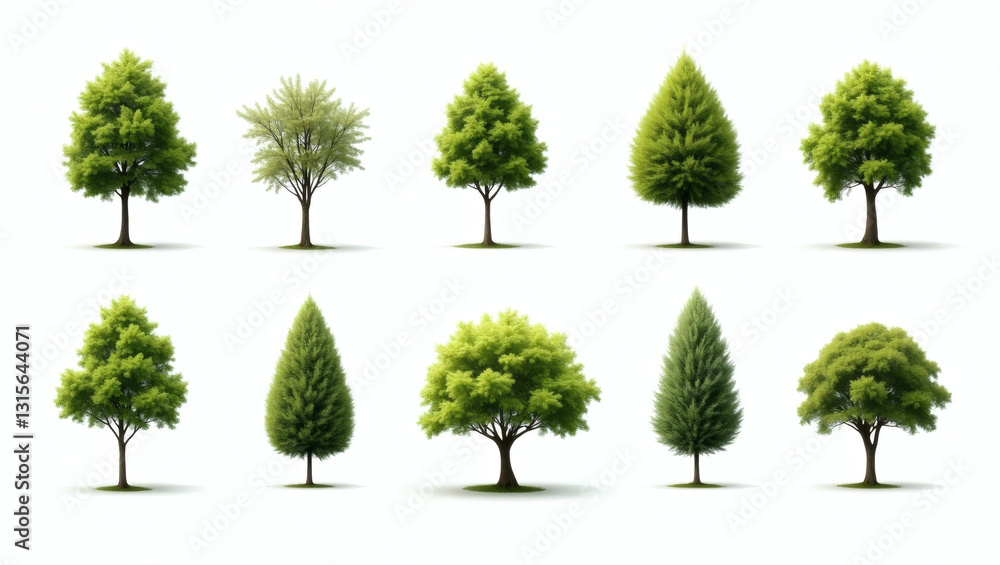 Fototapeta premium a collection of different lush green trees, various shapes and sizes, perfect for illustrating natural diversity