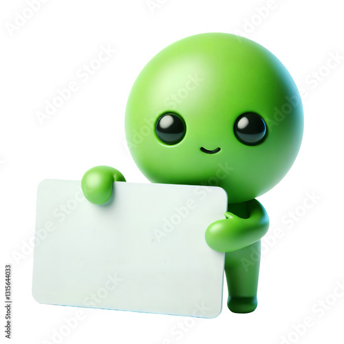 Cute 3d green man holding blank card isolated on white background