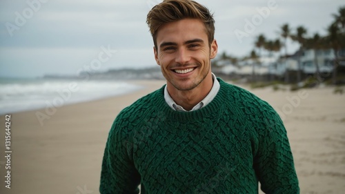 Good-looking young american guy in green themed sweater on a beach smiling