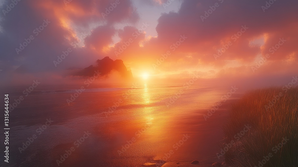 Fototapeta premium Dramatic Sunset over Misty Beach