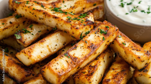 A gourmet presentation of crispy halloumi fries, golden-brown and perfectly stacked, sprinkled with fresh herbs and served with a side of tangy yogurt dip