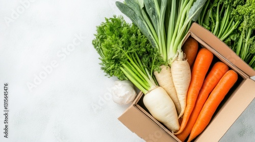 Fresh vegetables in cardboard box, arranged on countertop in kitchen setting for healthy cooking concept