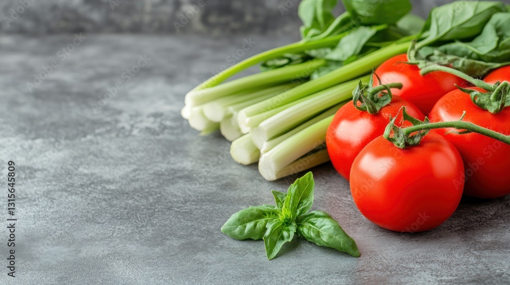 Fresh veggies Tomatoes, celery and basil on a grey stone surface for healthy salads Fresh veggies Tomatoes, celery and basil on a grey stone surface for healthy salads
