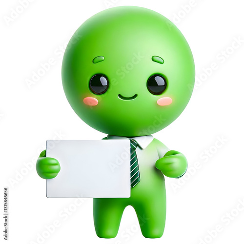 Cute 3d green man holding blank card isolated on white background