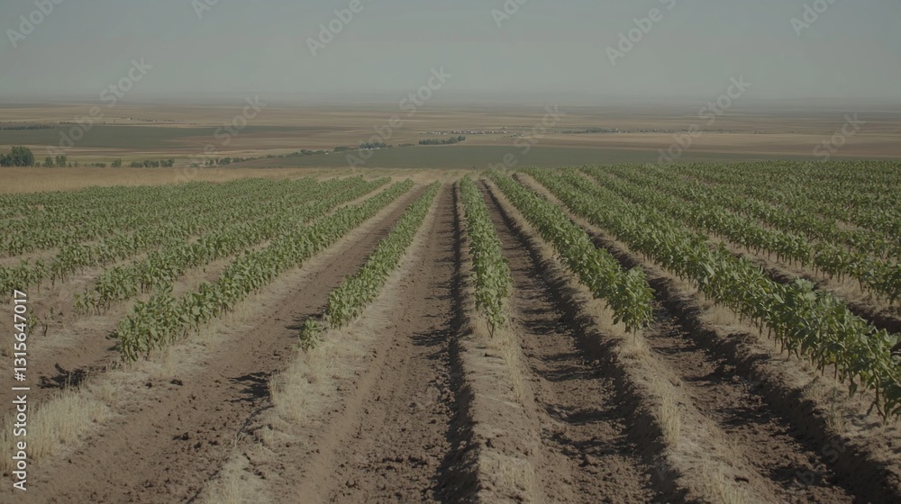 Young vineyard rows, rural landscape, sunny day, agriculture Young vineyard rows, rural landscape, sunny day, agriculture