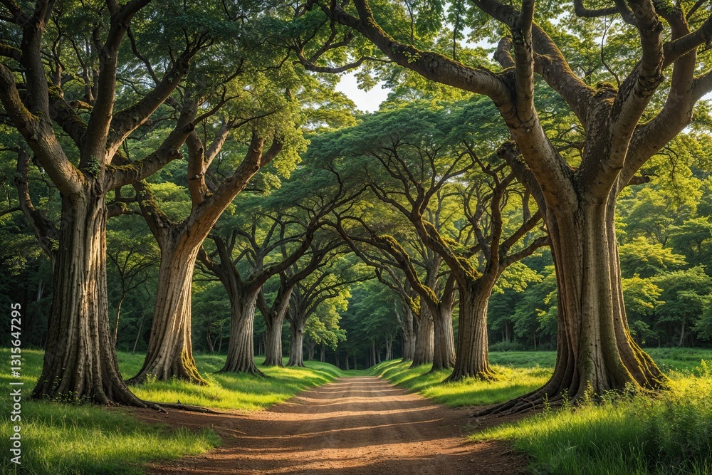 Fototapeta premium Allure of Ancient Trees in a Lush Summer Forest Background