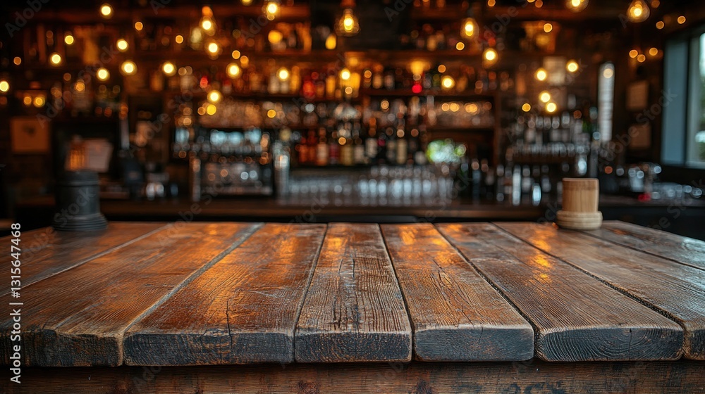 Empty wooden bar top, dimly lit pub Empty wooden bar top, dimly lit pub