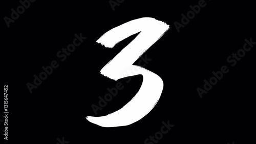 Hand drawn brush animation of number 3 in 4K. Animated handwritten number with smooth brush stroke, isolated on transparent background with alpha channel