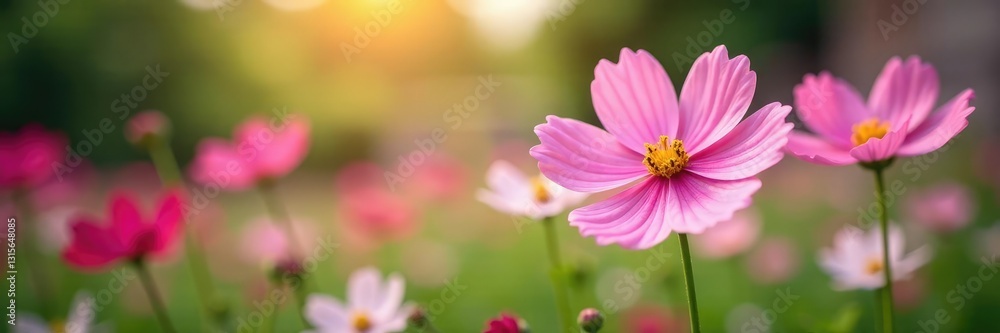 Delicate cosmos flowers in a garden with soft focus background, garden, gardenflowers Delicate cosmos flowers in a garden with soft focus background, garden, gardenflowers