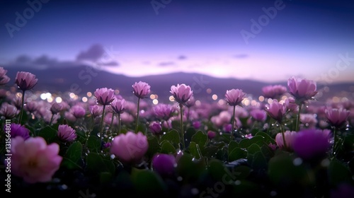 Serene Twilight Meadow  Blooming Pink Flowers  Peaceful Sunset Landscape