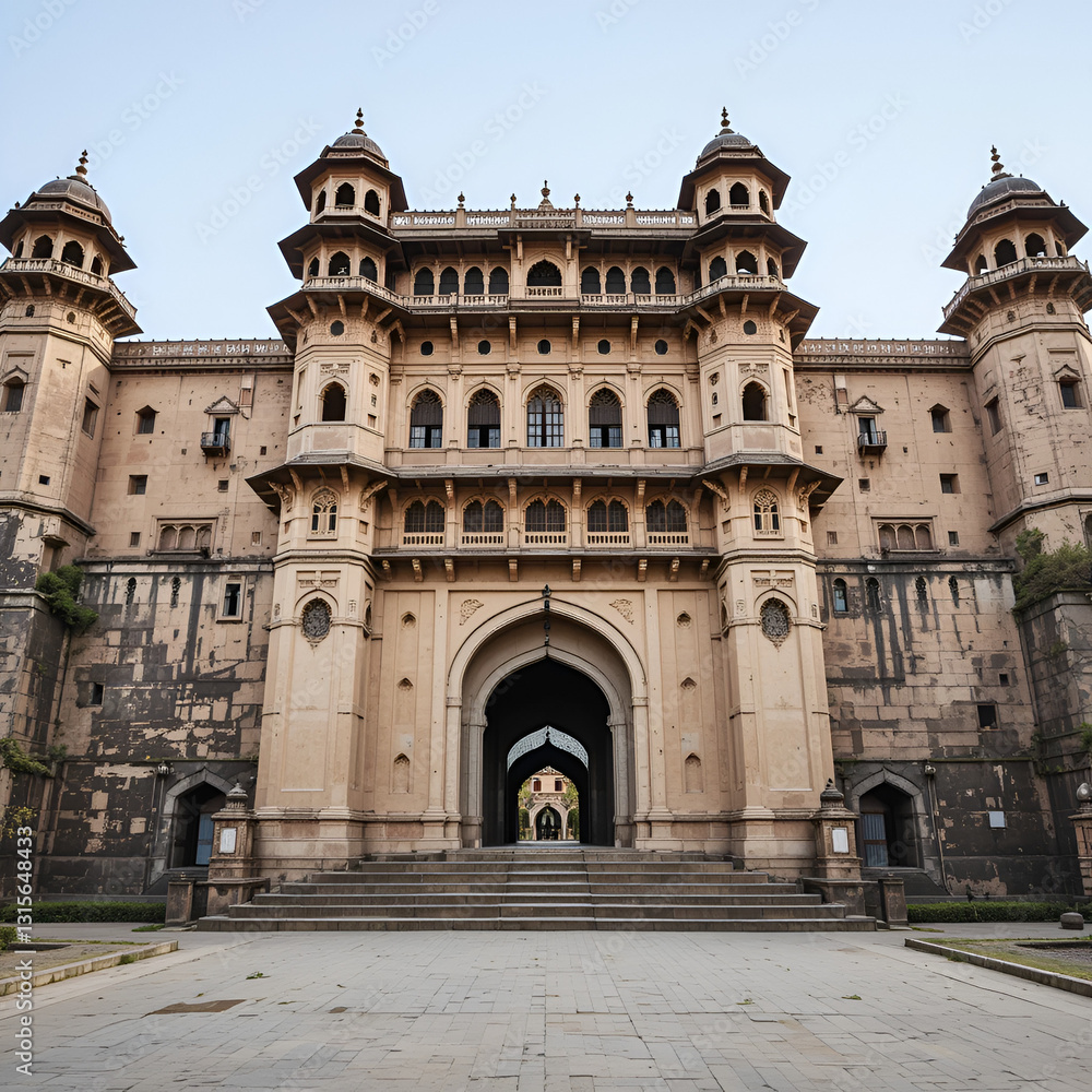 Obraz premium Gwalior, Madhya Pradesh, India - The exterior of Man Singh Palace, Gwalior Fort with imposing walls, bastions and gates.