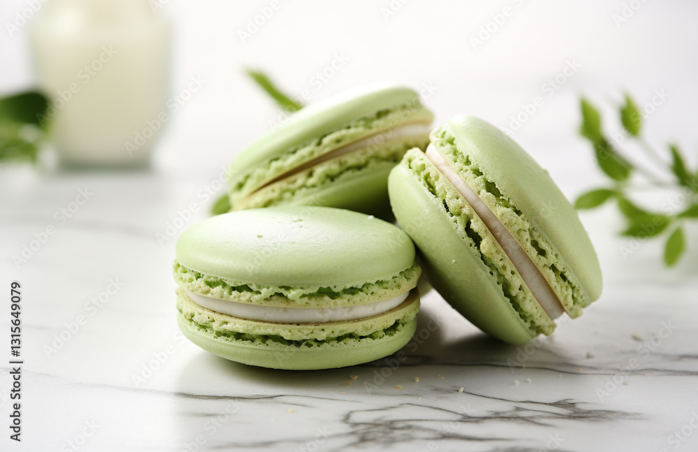 Elegant Green Macarons with Creamy Tan Filling on Marble Elegant Green Macarons with Creamy Tan Filling on Marble