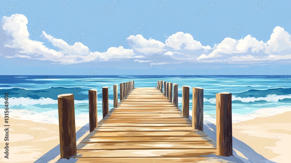 Wooden Beach Pier Extends Gracefully into Endless Ocean Waves Wooden Beach Pier Extends Gracefully into Endless Ocean Waves