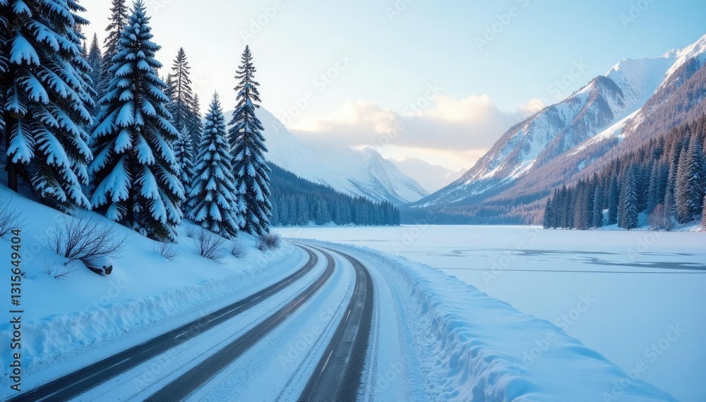 High elevation forestry road with snow-covered trees and a frozen lake, ice-covered lake, snowy forest High elevation forestry road with snow-covered trees and a frozen lake, ice-covered lake, snowy forest