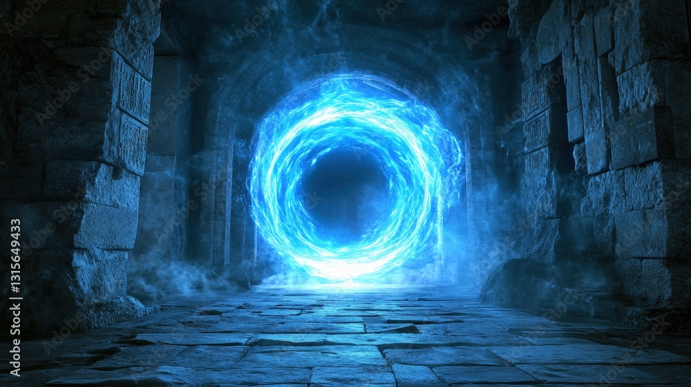 Fototapeta premium A glowing portal appearing in the middle of an ancient ruin, its swirling energy casting a blue light
