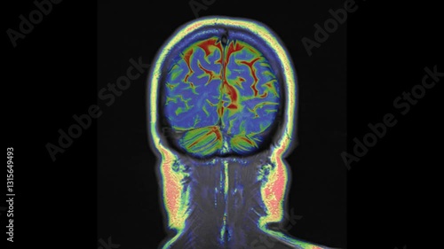 Coloured  coronal view T2-weighted magnetic resonance imaging (MRI) scan of a normal brain.