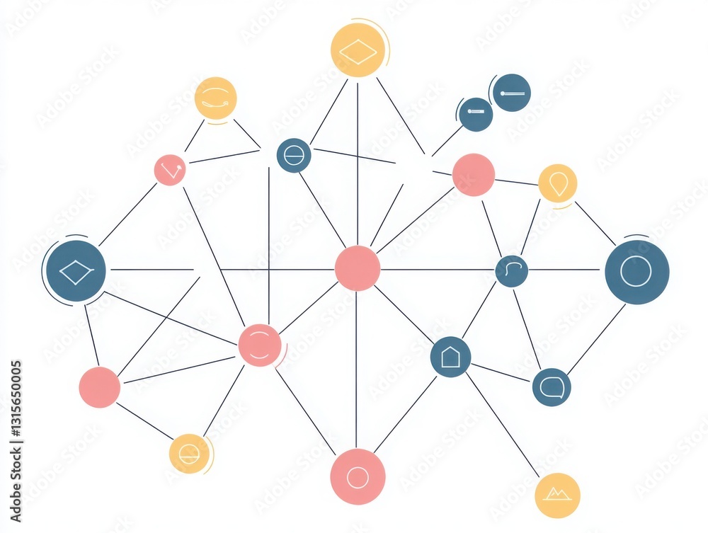 Abstract Network Diagram with Connected Circles and Icons for Business Concepts Abstract Network Diagram with Connected Circles and Icons for Business Concepts