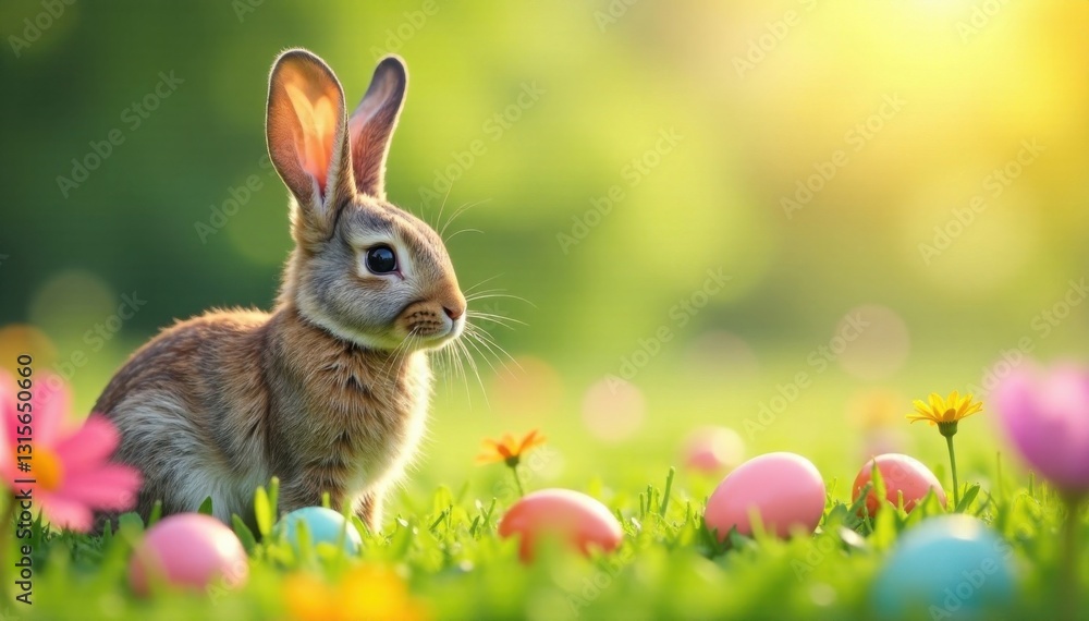 Bunny ears in a meadow with colorful flowers and Easter eggs , grass, meadow, easter Bunny ears in a meadow with colorful flowers and Easter eggs , grass, meadow, easter