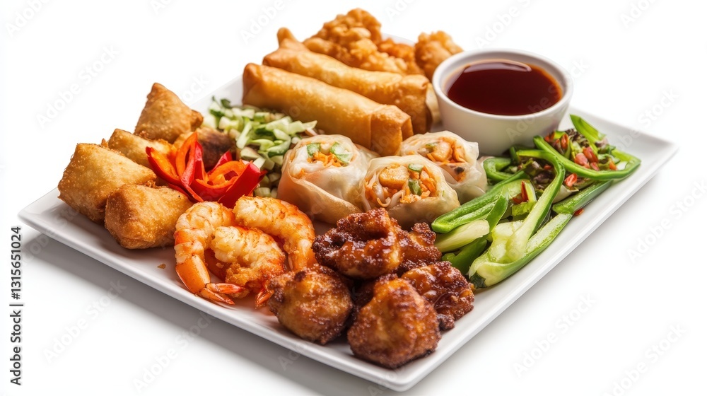 A gourmet Asian sharing platter presented on a white square plate, with crispy spring rolls, prawn toast, fried chicken, gyoza, and fresh chopped peppers. A gourmet Asian sharing platter presented on a white square plate, with crispy spring rolls, prawn toast, fried chicken, gyoza, and fresh chopped peppers.