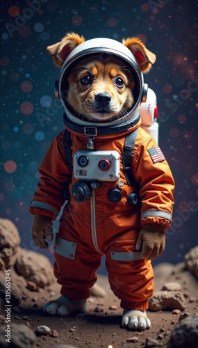 Canine cosmonaut in full space gear ready for launch, galaxy, space, rocket