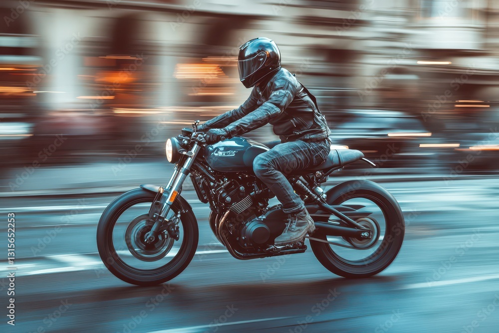 Fototapeta premium Motorcyclist riding through a city street at dusk