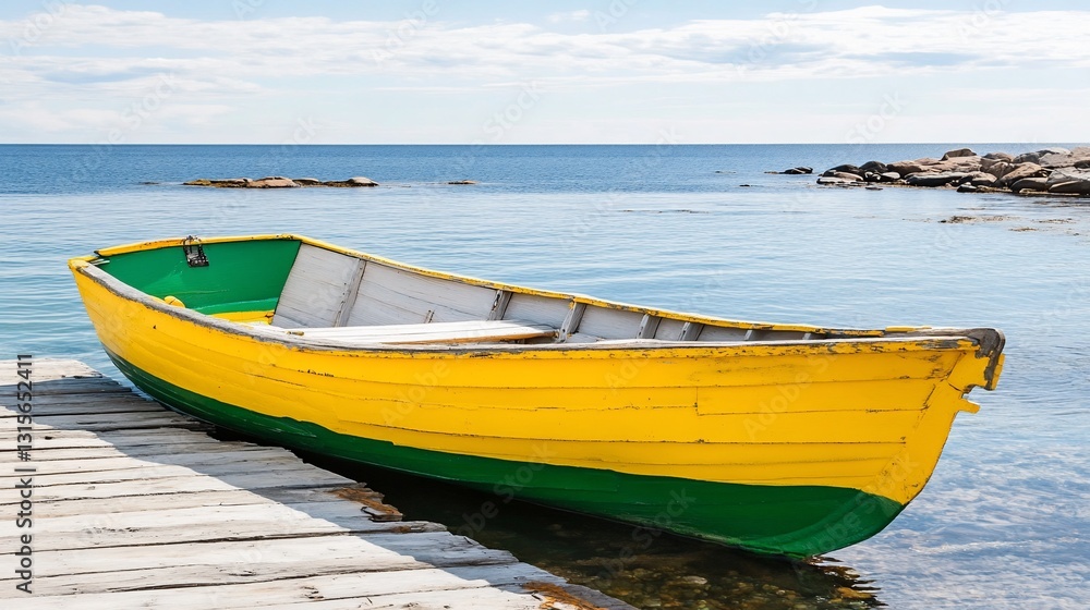 Yellow-green boat on coastal dock, tranquil sea Yellow-green boat on coastal dock, tranquil sea