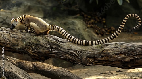Banded Linsang banded linsang slinking across a fallen tree its long ringed tail curling gracefully behind it