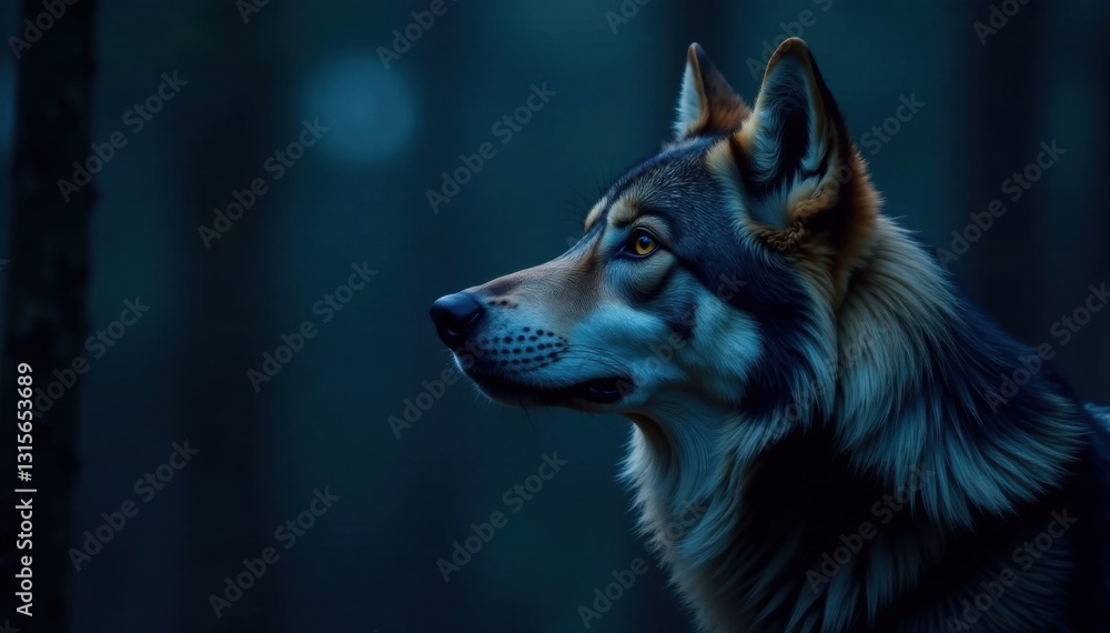 Obraz premium Close-up portrait of a howling wolf's face in the darkness, howling wolf, nighttime scene, forest creature
