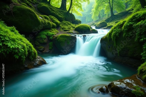 Emerald waters cascade over moss-covered rocks, green, foliage