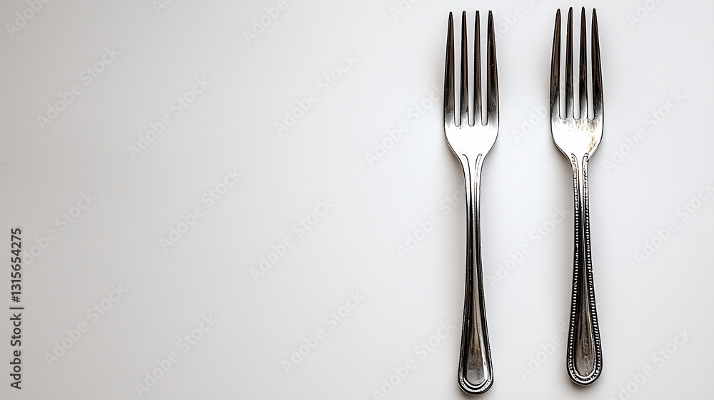 Two silver forks on white background, place setting, minimalist food photography, website banner Two silver forks on white background, place setting, minimalist food photography, website banner
