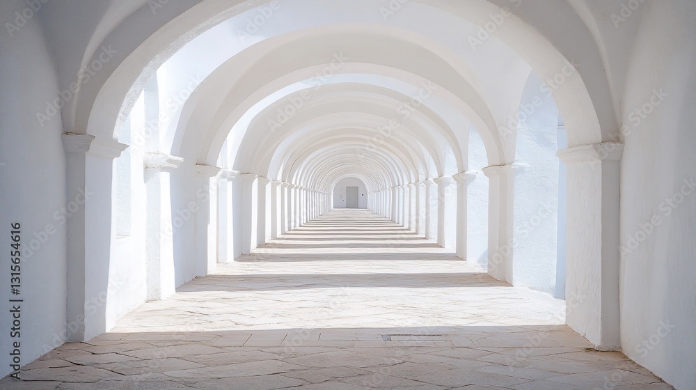 Obraz premium A long white tunnel-like corridor with arches and pillars leading to a closed door