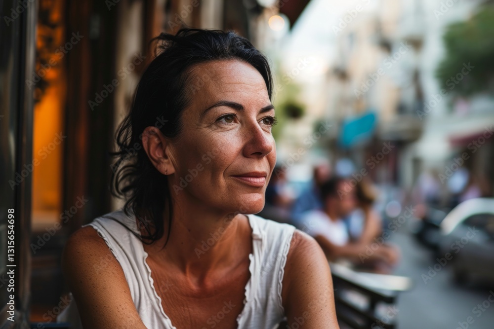 Portrait of a middle-aged woman in a cafe on the street Portrait of a middle-aged woman in a cafe on the street