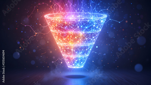 A funnel shape, glowing with energy, showing the sales funnel process from lead to conversion.